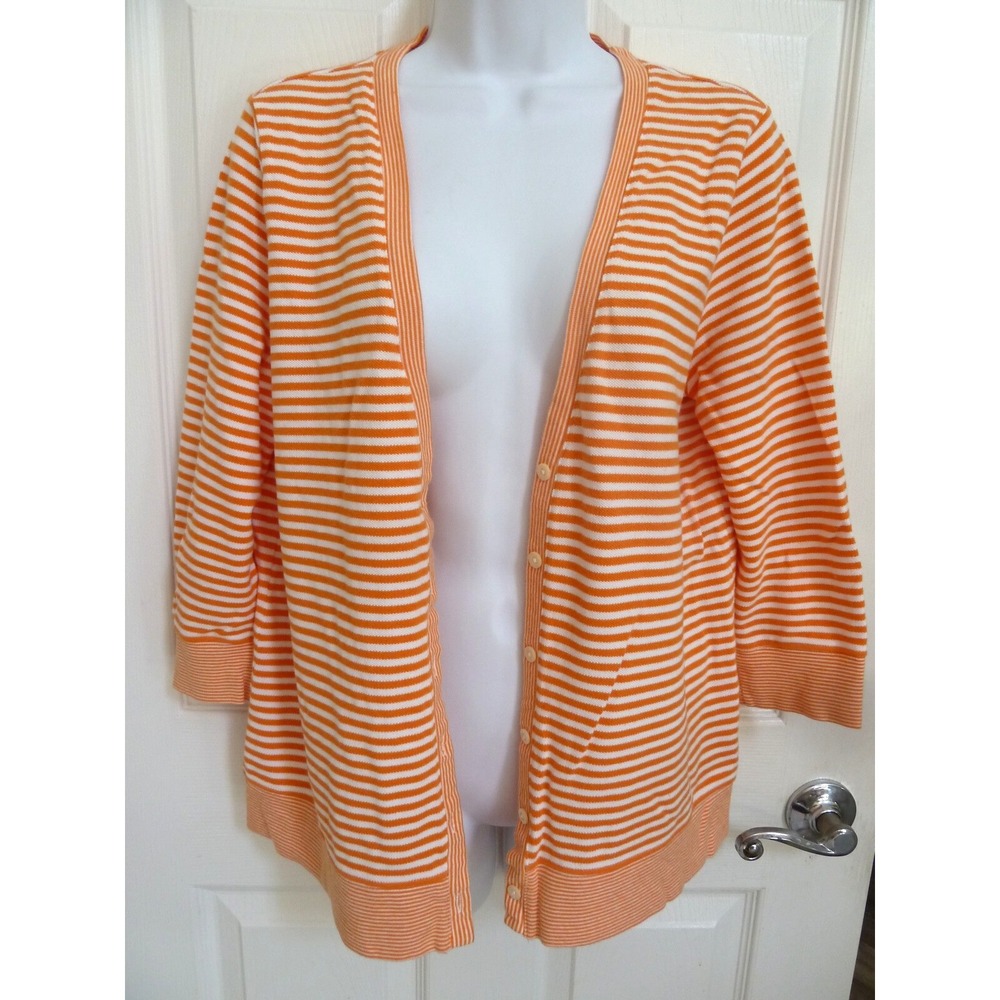 Lands End Women Cardigan Sweater Large 14/16 Orange White Striped 3/4 Sleeve